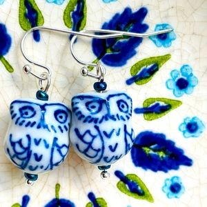 sterling silver & vintage hand-painted ceramic owl bead earrings blue white boho
